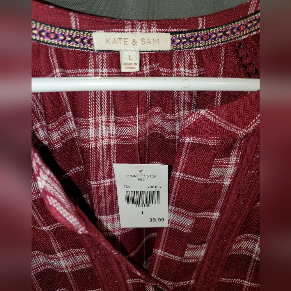 Kate & Sam Wine Red Plaid Top (NWT)